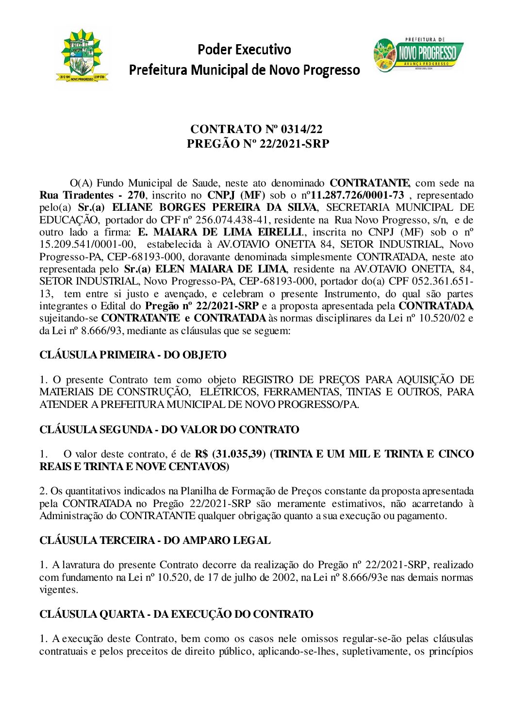 Contrato Nº 3142022 E Maiara De Lima Eireli SaÚde Prefeitura Municipal De Novo Progresso 0249