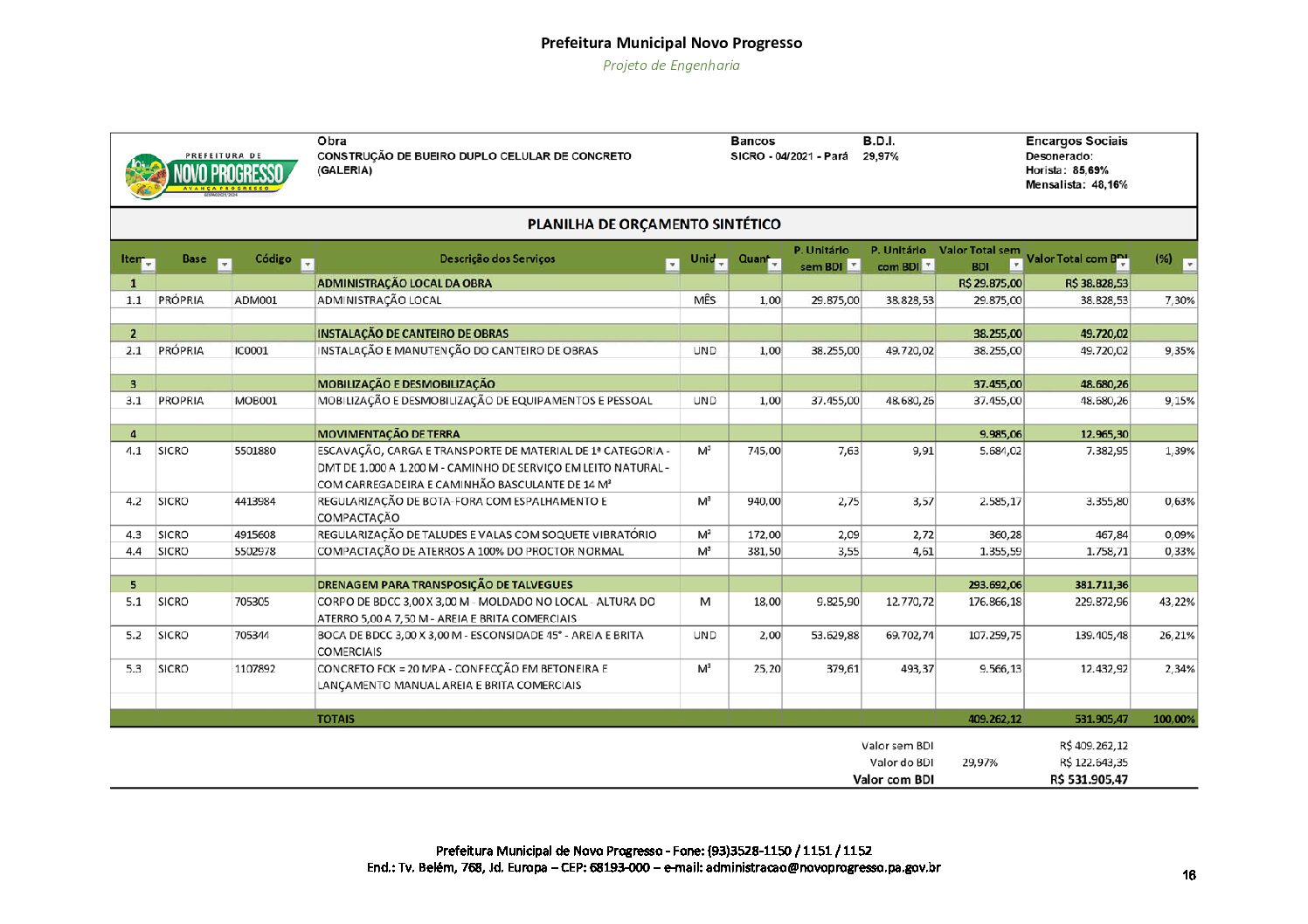 Planilha OrÇamentaria Avenida Cristalina Prefeitura Municipal De Novo Progresso Gestão 8637