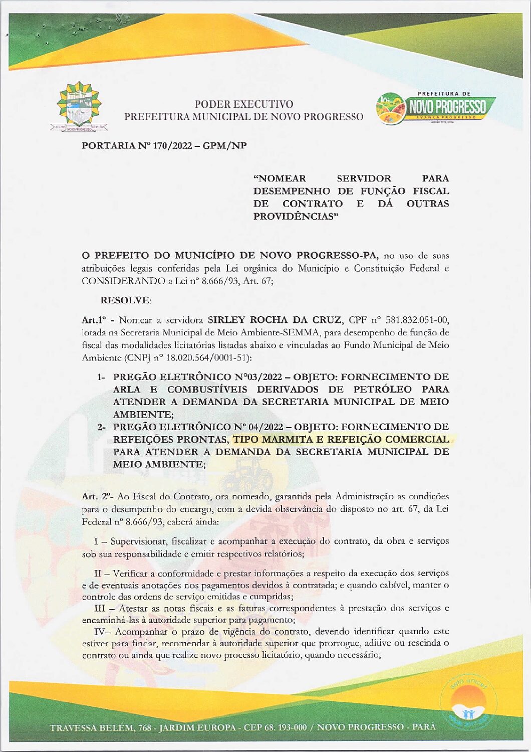 PORTARIA DE FISCAL DE CONTRATO - P. E. 031-2023 - Prefeitura